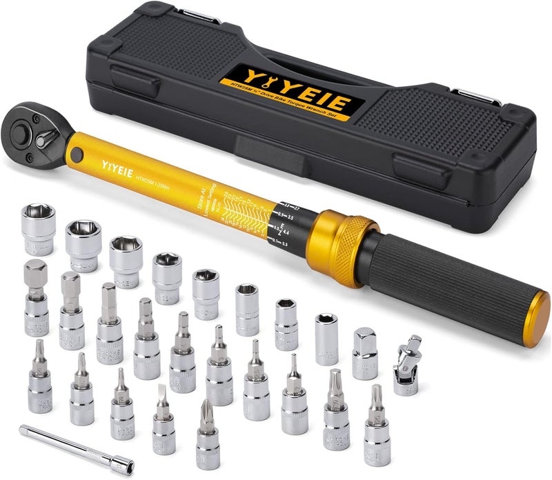 YIYEIE 1/4 Inch Drive Bike Torque Wrench, 1-25 Nm (10-222.5 in.lb), 27 PCS Click Bicycle Torque Wrench with Bit Sockets, 0.1 Nm Micro, 72-Tooth Ratchet, 3/8 Adapter, for MTB, E-Bike, Motorcycle - Image 1